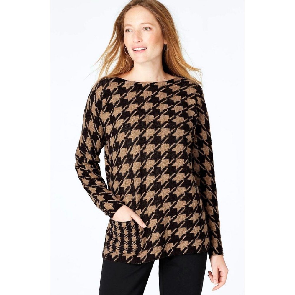 J. Jill Tunic Houndstooth Check Sweater Black Tan